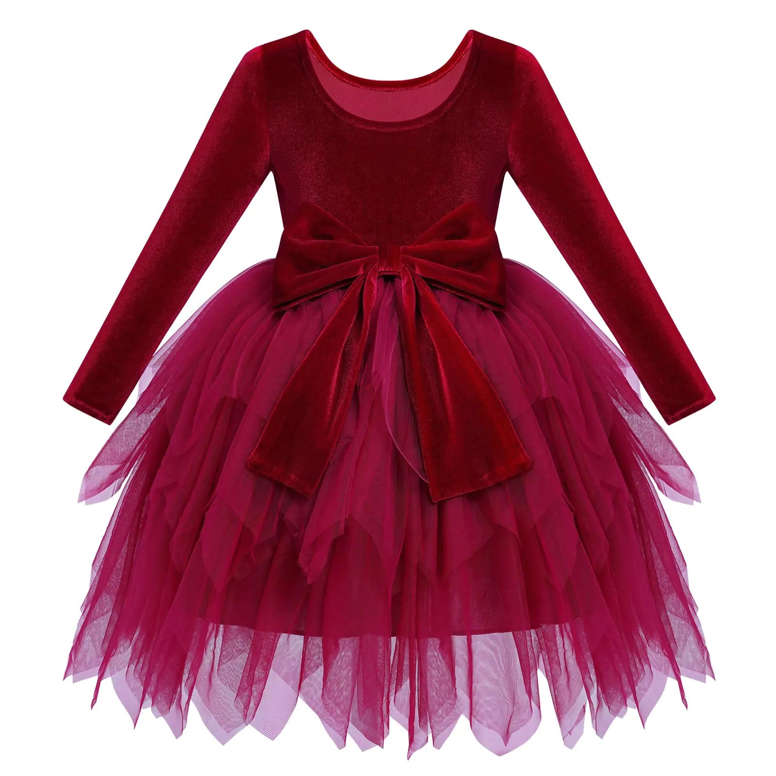 IDOPIP Toddler Baby Girls Velvet Tutu Dress-Bowknot Tulle Ruffle Long Sleeve Princess Christmas/Birthday Party Dresses-Fall/Winter Clothes-Kids Vintage-Holiday Pageant Dress/Outfit-Red - 5-6 Years - # GIAA211710021