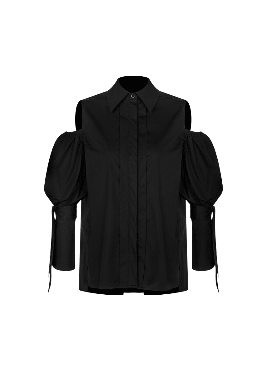 Quarta Open Shoulders Black Premium Poplin Shirt ETNA