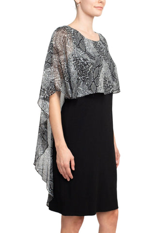 Glamour Nights Scoop Neck Animal Print Chiffon Cape Short Sleeve ITY Dress - Glamourous Grace