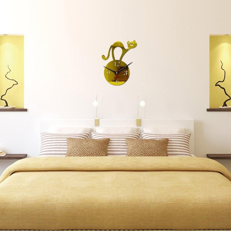 Home Decoration Wall Mirror 3D Hanging Clock Wall Murals Decal Sticker Acrylic Wallpaper for Unisex Teen Children Kid Boy Girl Classroom Gym Room Cartoon Cats Design Sticker Watch Stevvex