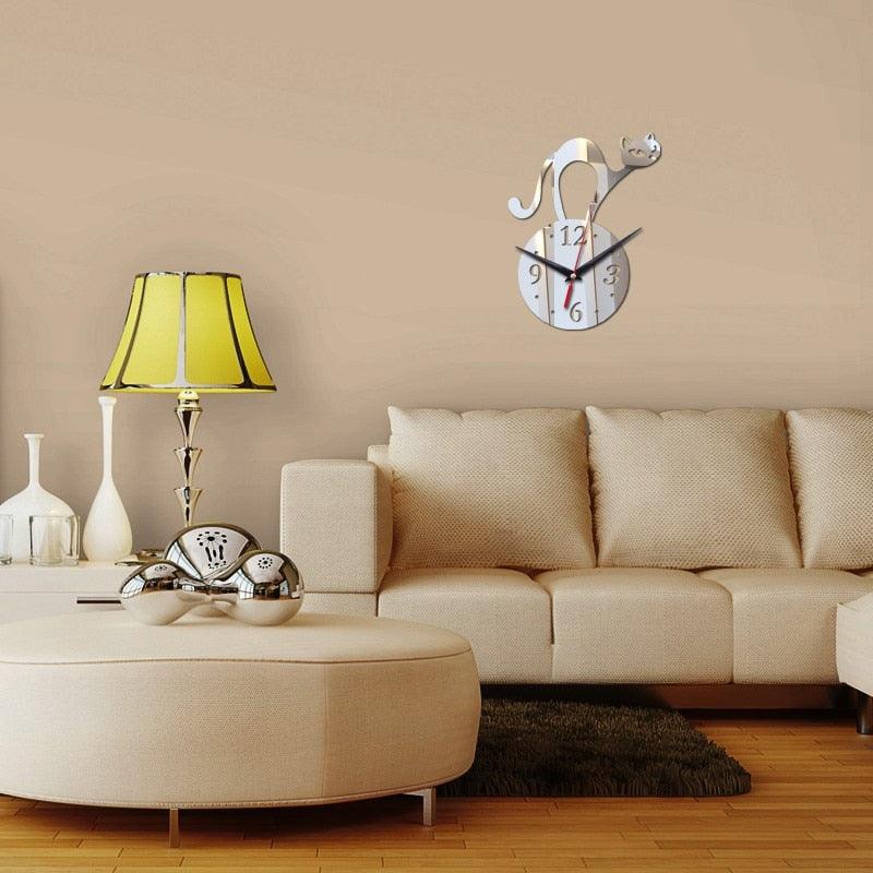 Home Decoration Wall Mirror 3D Hanging Clock Wall Murals Decal Sticker Acrylic Wallpaper for Unisex Teen Children Kid Boy Girl Classroom Gym Room Cartoon Cats Design Sticker Watch Stevvex