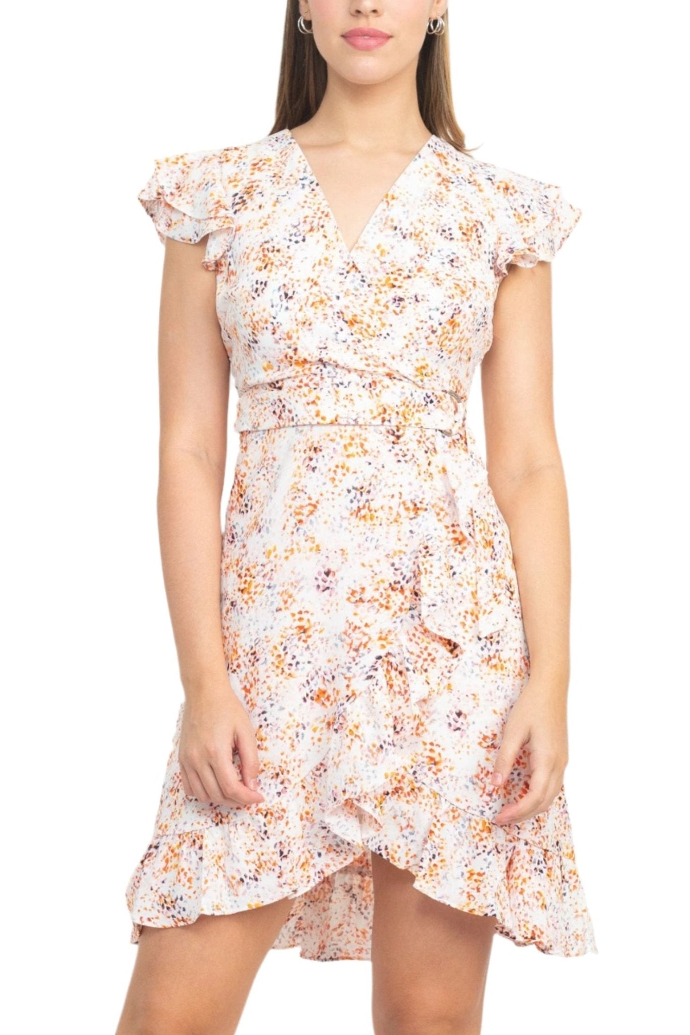 Laundry V - Neck Flutter Sleeve Tie Waist Ruffled Hem A - Line Zipper Back Twill Dress - Glamourous Grace