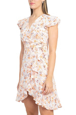 Laundry V - Neck Flutter Sleeve Tie Waist Ruffled Hem A - Line Zipper Back Twill Dress - Glamourous Grace