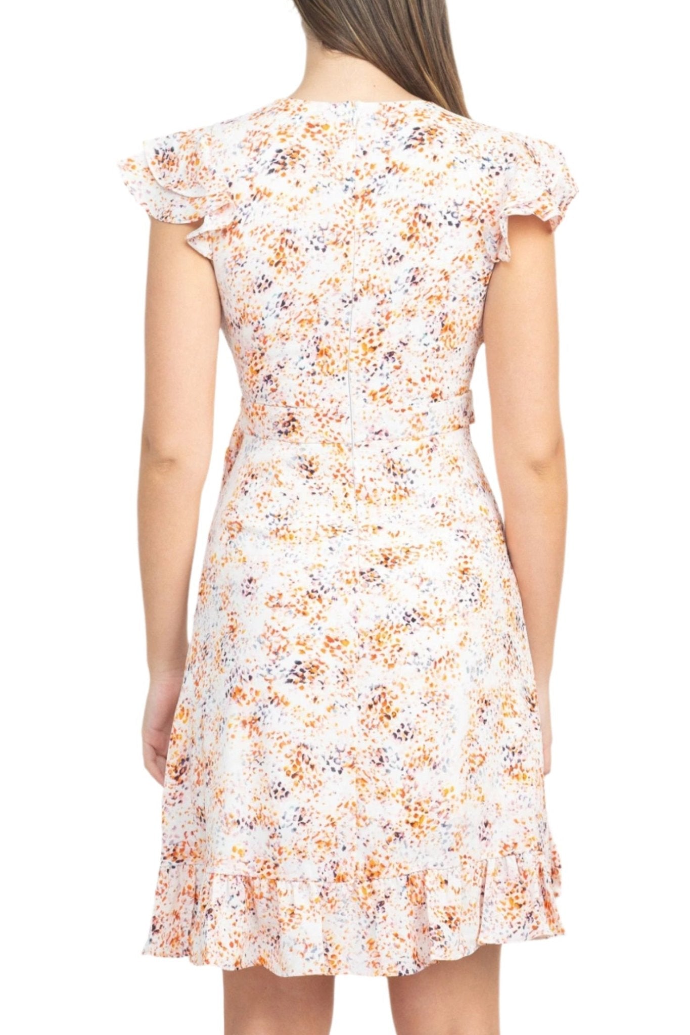 Laundry V - Neck Flutter Sleeve Tie Waist Ruffled Hem A - Line Zipper Back Twill Dress - Glamourous Grace