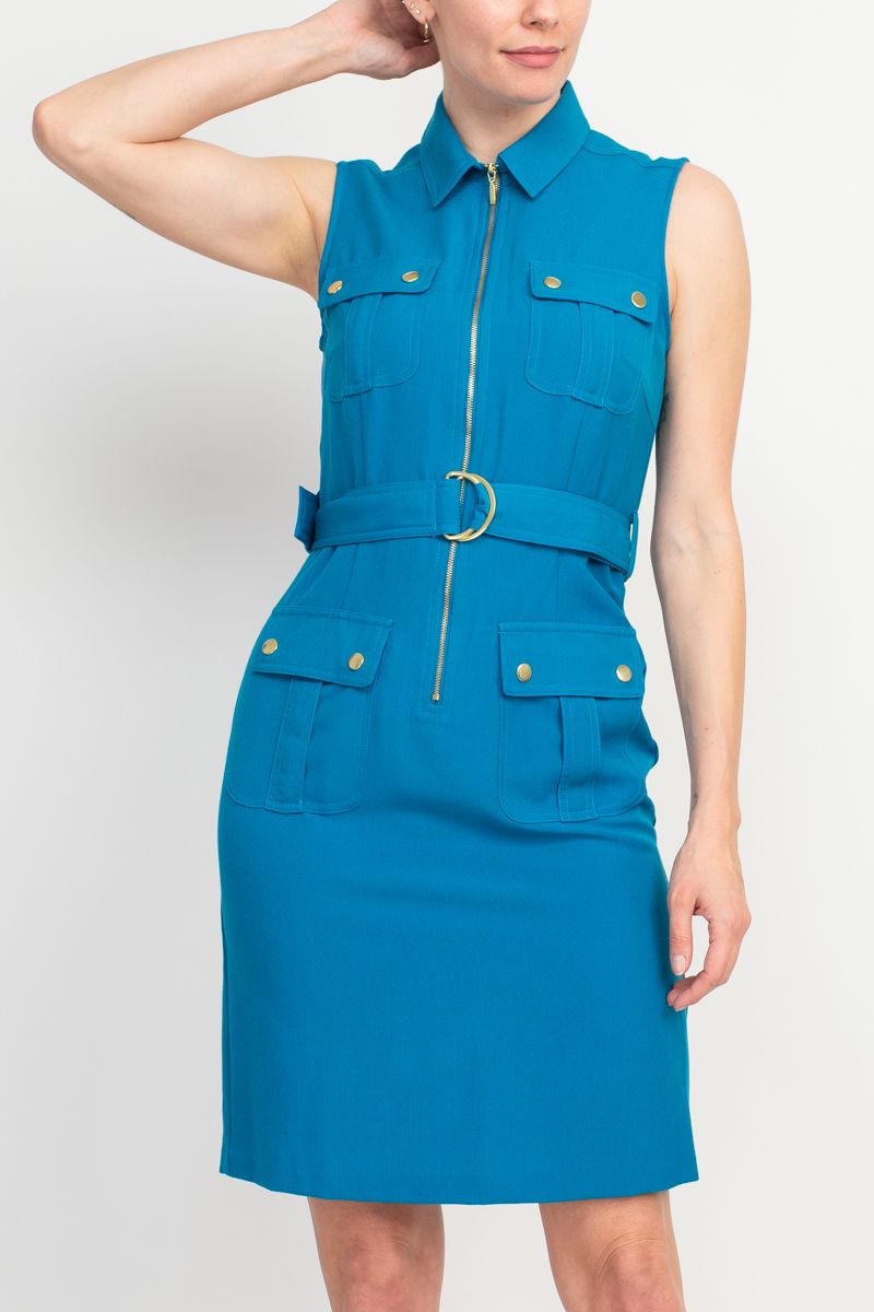 Stylish Sharagano Belted Zip Front Dress with Pockets - Glamourous Grace