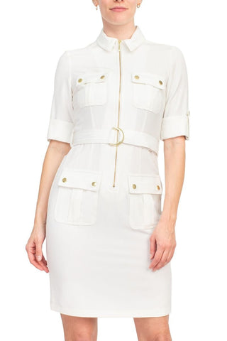 Sharagano Collared Short Sleeve Zipper Front Belted Solid Rayon Dress - Glamourous Grace
