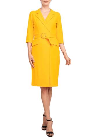 Sharagano Notched Collar 3/4 Sleeve Solid Belted Stretch Crepe Dress - Glamourous Grace