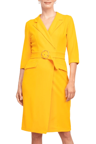 Sharagano Notched Collar 3/4 Sleeve Solid Belted Stretch Crepe Dress - Glamourous Grace
