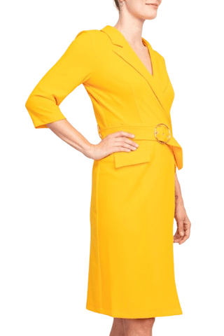 Sharagano Notched Collar 3/4 Sleeve Solid Belted Stretch Crepe Dress - Glamourous Grace