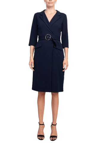 Sharagano Notched Collar 3/4 Sleeve Solid Belted Stretch Crepe Dress - Glamourous Grace