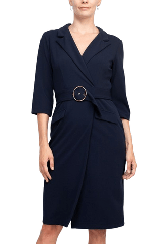 Sharagano Notched Collar 3/4 Sleeve Solid Belted Stretch Crepe Dress - Glamourous Grace