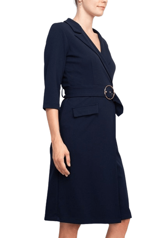Sharagano Notched Collar 3/4 Sleeve Solid Belted Stretch Crepe Dress - Glamourous Grace