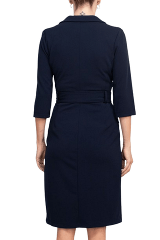 Sharagano Notched Collar 3/4 Sleeve Solid Belted Stretch Crepe Dress - Glamourous Grace