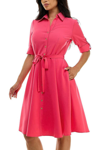 Sharagano Collared Short Tie Waist Solid Scuba Crepe Dress - Glamourous Grace