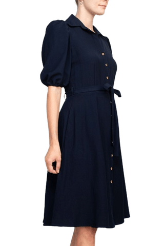 Sharagano Collared Short Sleeve Button Front Closure Tie Waist Solid Stretch Crepe Dress With Pockets - Glamourous Grace
