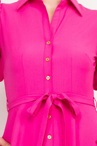 Sharagano Collared Short Sleeve Button Front Closure Tie Waist Solid Stretch Crepe Dress With Pockets - Glamourous Grace