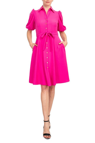 Sharagano Collared Short Sleeve Button Front Closure Tie Waist Solid Stretch Crepe Dress With Pockets - Glamourous Grace