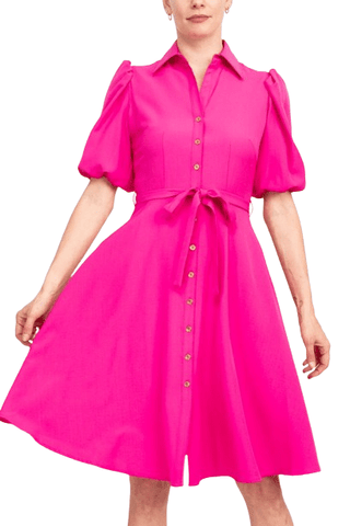 Sharagano Collared Short Sleeve Button Front Closure Tie Waist Solid Stretch Crepe Dress With Pockets - Glamourous Grace