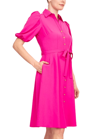 Sharagano Collared Short Sleeve Button Front Closure Tie Waist Solid Stretch Crepe Dress With Pockets - Glamourous Grace
