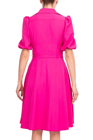 Sharagano Collared Short Sleeve Button Front Closure Tie Waist Solid Stretch Crepe Dress With Pockets - Glamourous Grace