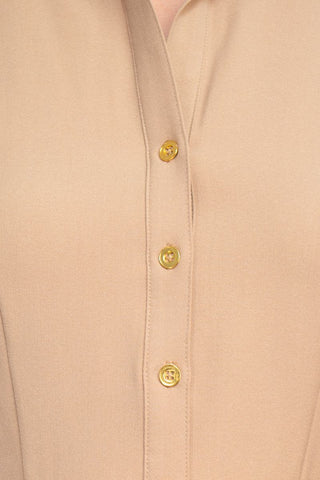 Sharagano Collared Short Sleeve Button Front Closure Tie Waist Solid Stretch Crepe Dress With Pockets - Glamourous Grace