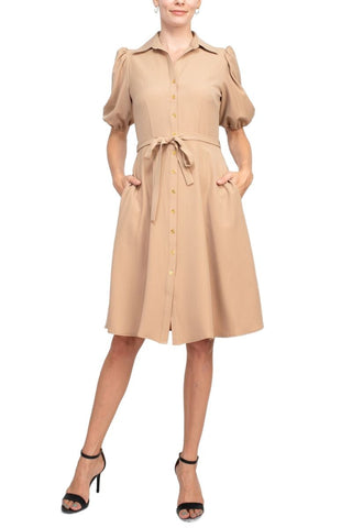 Sharagano Collared Short Sleeve Button Front Closure Tie Waist Solid Stretch Crepe Dress With Pockets - Glamourous Grace