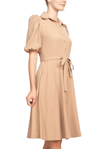 Sharagano Collared Short Sleeve Button Front Closure Tie Waist Solid Stretch Crepe Dress With Pockets - Glamourous Grace