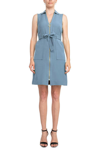 Sharagano Collared Sleeveless Zipper Front Tie Waist Solid Rayon Dress - Glamourous Grace
