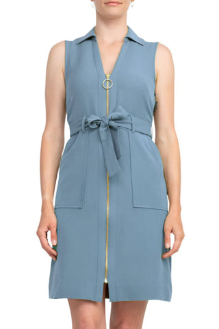 Sharagano Collared Sleeveless Zipper Front Tie Waist Solid Rayon Dress - Glamourous Grace