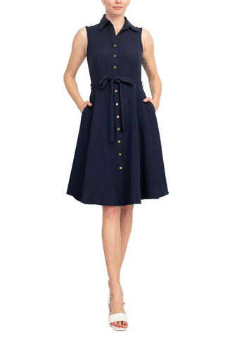 Sharagano Rayon Sleeveless Button Down Collar Shirt Dress With Pockets - Glamourous Grace
