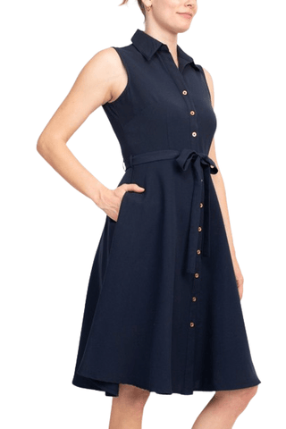 Sharagano Rayon Sleeveless Button Down Collar Shirt Dress With Pockets - Glamourous Grace