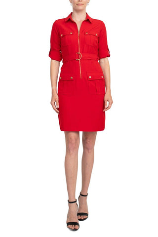 Sharagano Collared Short Sleeve Zipper Front Belted Solid Rayon Dress - Glamourous Grace