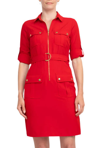 Sharagano Collared Short Sleeve Zipper Front Belted Solid Rayon Dress - Glamourous Grace