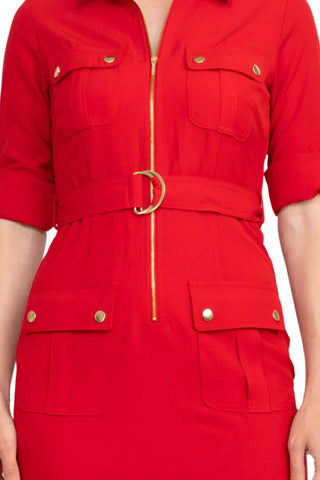 Sharagano Collared Short Sleeve Zipper Front Belted Solid Rayon Dress - Glamourous Grace