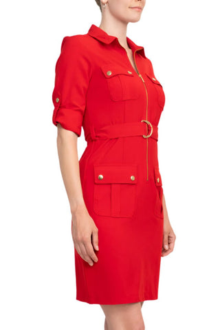 Sharagano Collared Short Sleeve Zipper Front Belted Solid Rayon Dress - Glamourous Grace