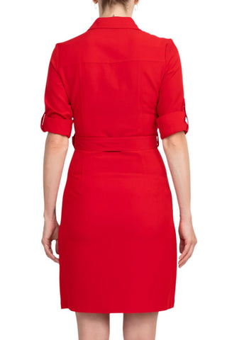Sharagano Collared Short Sleeve Zipper Front Belted Solid Rayon Dress - Glamourous Grace