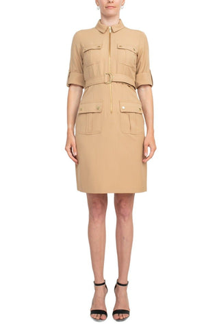Sharagano Collared Short Sleeve Zipper Front Belted Solid Rayon Dress - Glamourous Grace