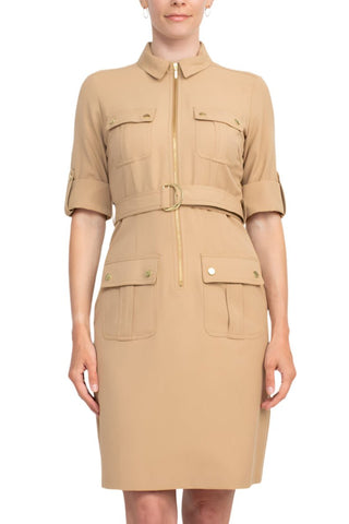 Sharagano Collared Short Sleeve Zipper Front Belted Solid Rayon Dress - Glamourous Grace
