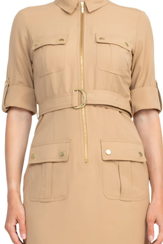 Sharagano Collared Short Sleeve Zipper Front Belted Solid Rayon Dress - Glamourous Grace