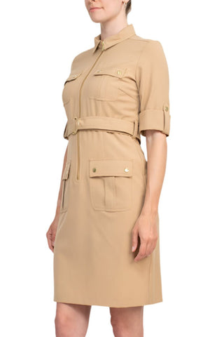 Sharagano Collared Short Sleeve Zipper Front Belted Solid Rayon Dress - Glamourous Grace