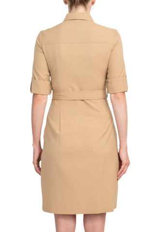 Sharagano Collared Short Sleeve Zipper Front Belted Solid Rayon Dress - Glamourous Grace