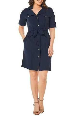 Sharagano Collared Short Sleeve Button Down Belt Hoop Tie Waist Rayon Dress - Glamourous Grace