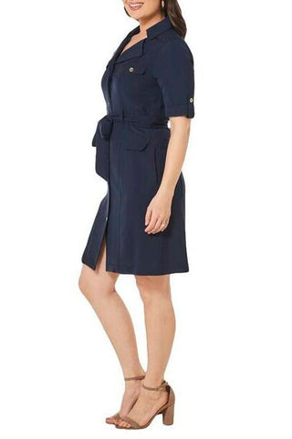Sharagano Collared Short Sleeve Button Down Belt Hoop Tie Waist Rayon Dress - Glamourous Grace