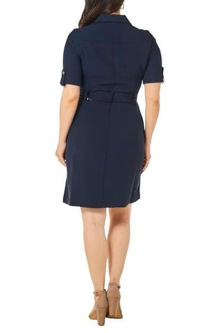 Sharagano Collared Short Sleeve Button Down Belt Hoop Tie Waist Rayon Dress - Glamourous Grace