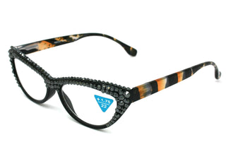 Lynx, (Bling) Women Reading Glasses W 2X (Full TOP) (Hematite) Genuine European Crystals,  Cat Eyes Tiger Print, Cat eye, NY Fifth Avenue.