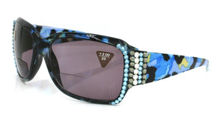 Lourdes, (Bling, Bifocal) Women Sun Reader W (Hematite, Aquamarine) Genuine European Crystals (Blue) Leopard Animal Print, NY Fifth Avenue