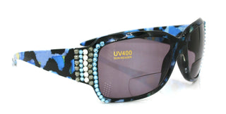 Lourdes, (Bling, Bifocal) Women Sun Reader W (Hematite, Aquamarine) Genuine European Crystals (Blue) Leopard Animal Print, NY Fifth Avenue