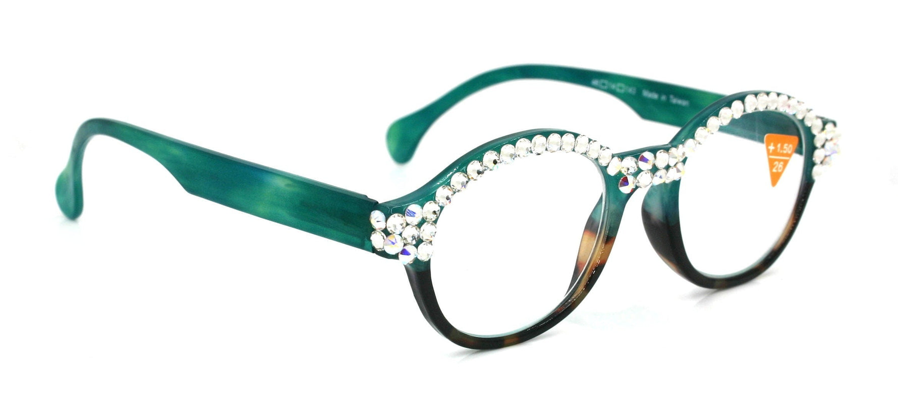 Citlalli, (Bling) Round Women Reading Glasses W (Full TOP) (Clear, AB Aurora Borealis) Genuine European Crystals  NY Fifth Avenue