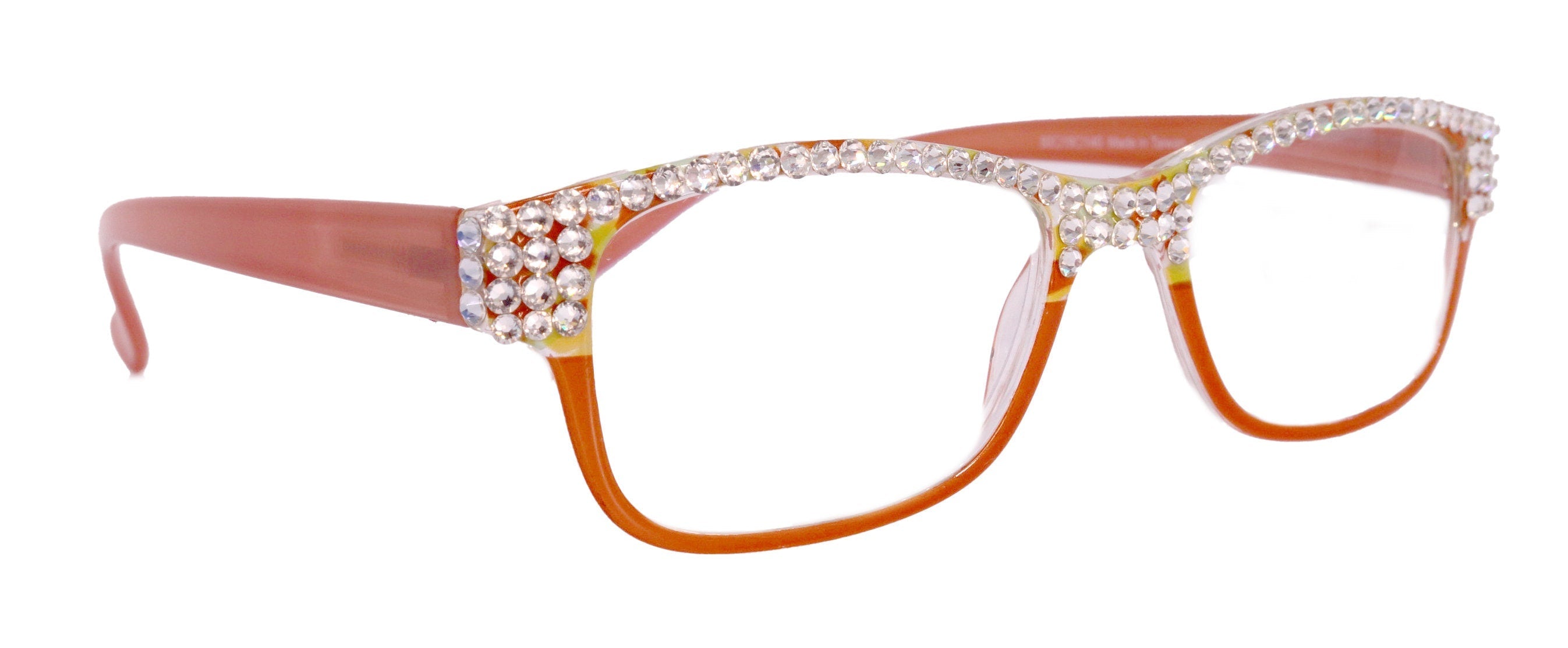 Olivia, (Bling) Women Reading Glasses Adorned with (Full Top) (Clear) Genuine European Crystals.  (Orange) Square, NY fifth avenue.