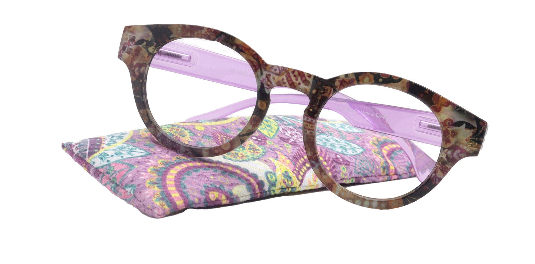 Xochitl, Premium Reading Glasses High-End Readers +1.25 .. +3.00 (Purple Paisley ) Round Optical Frames. NY Fifth Avenue.